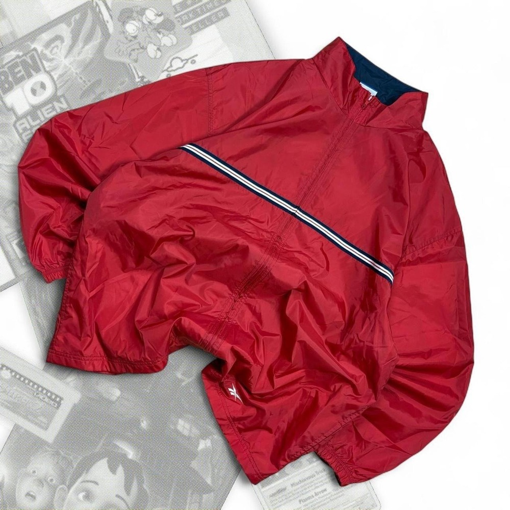Vintage 90’s Red & Black Striped Reebok Graphic Embroidered Logo Zip Up Jacket
